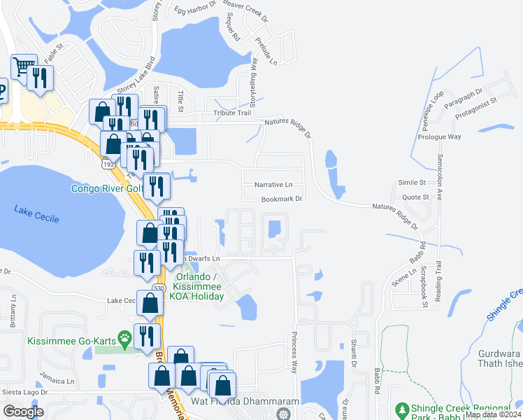 map of restaurants, bars, coffee shops, grocery stores, and more near 2738 Bookmark Drive in Kissimmee