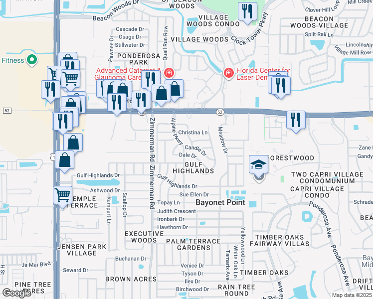map of restaurants, bars, coffee shops, grocery stores, and more near 11808 Bingham Drive in Port Richey