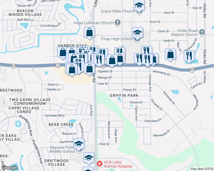 map of restaurants, bars, coffee shops, grocery stores, and more near 9035 Teak Street in New Port Richey