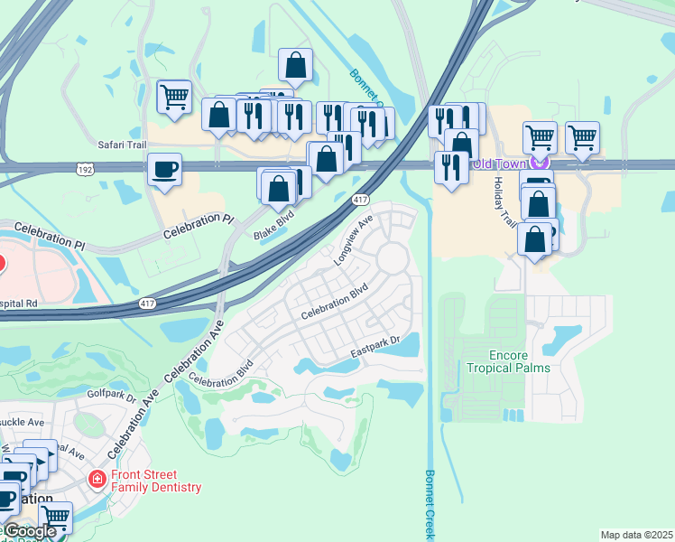 map of restaurants, bars, coffee shops, grocery stores, and more near 200 Longview Avenue in Kissimmee