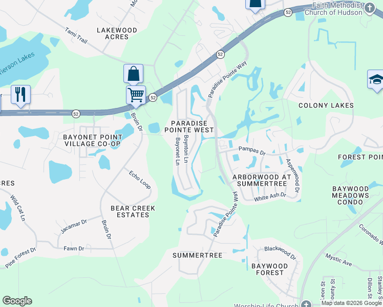 map of restaurants, bars, coffee shops, grocery stores, and more near 11817 Boynton Lane in New Port Richey