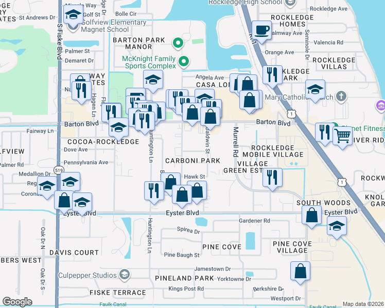 map of restaurants, bars, coffee shops, grocery stores, and more near 414 Dove Avenue in Rockledge