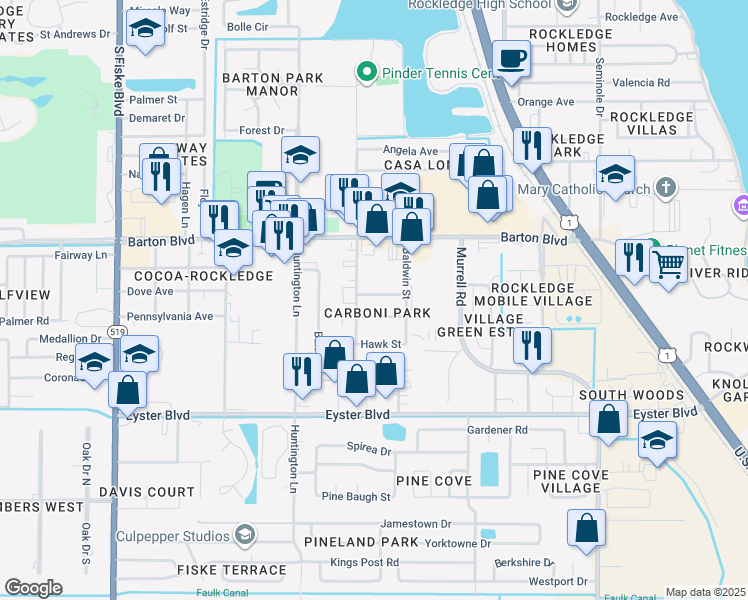 map of restaurants, bars, coffee shops, grocery stores, and more near 414 Dove Avenue in Rockledge