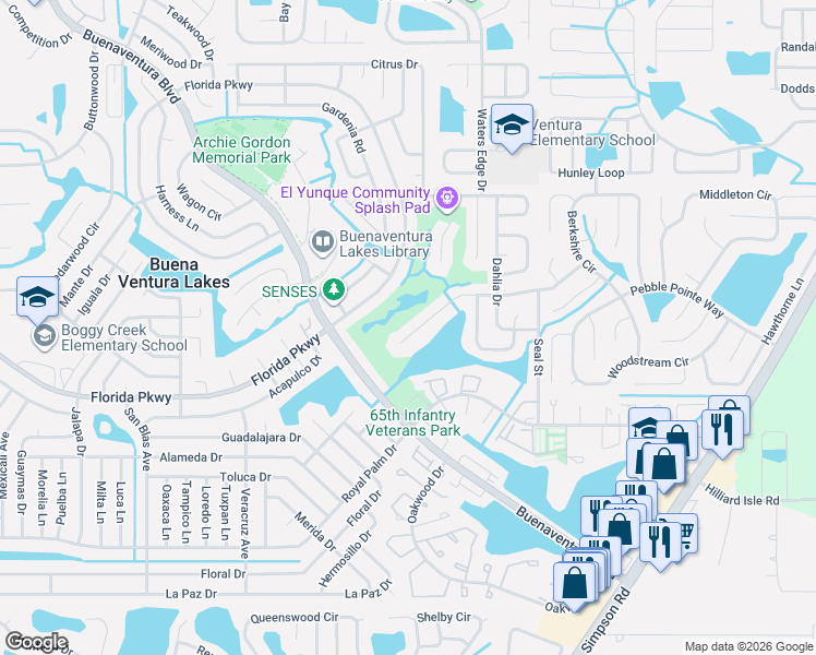 map of restaurants, bars, coffee shops, grocery stores, and more near 313 Larkspur Court in Kissimmee