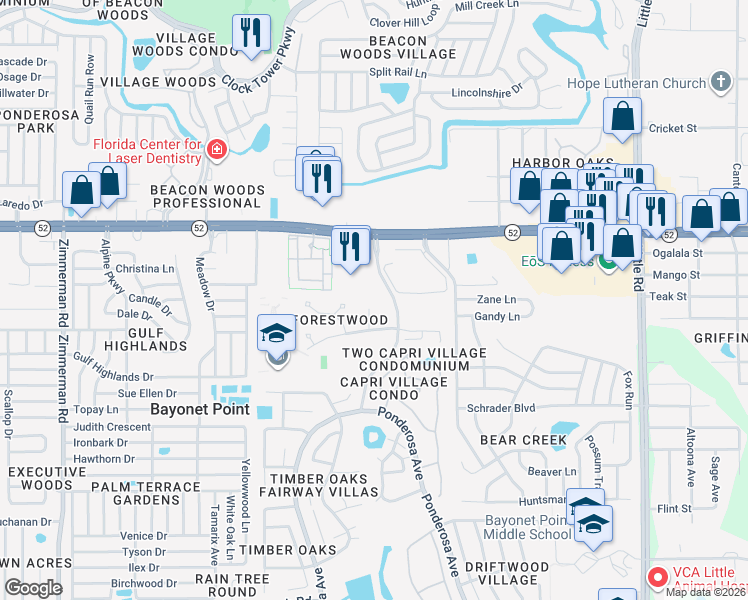 map of restaurants, bars, coffee shops, grocery stores, and more near 11740 Rolling Pine Lane in Port Richey