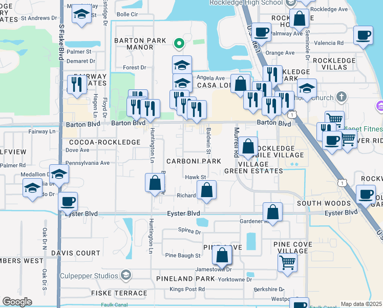 map of restaurants, bars, coffee shops, grocery stores, and more near 414 Dove Avenue in Rockledge