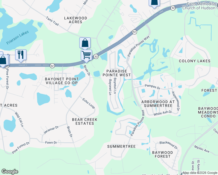 map of restaurants, bars, coffee shops, grocery stores, and more near 11805 Bayonet Lane in New Port Richey