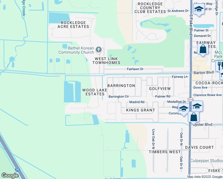 map of restaurants, bars, coffee shops, grocery stores, and more near 1809 Hudson Drive in Rockledge