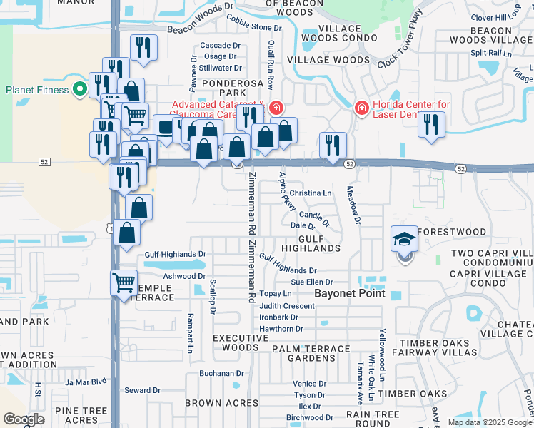 map of restaurants, bars, coffee shops, grocery stores, and more near 11803 Newell Drive in Port Richey