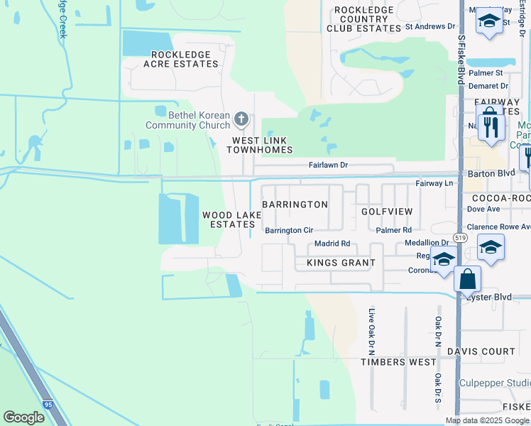 map of restaurants, bars, coffee shops, grocery stores, and more near 1831 Barrington Circle in Rockledge