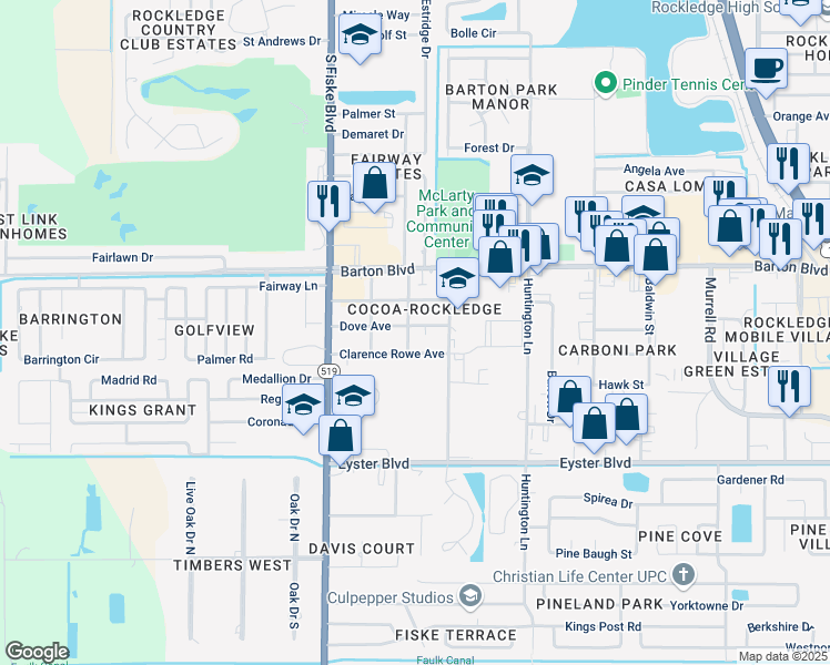 map of restaurants, bars, coffee shops, grocery stores, and more near 850 Dove Avenue in Rockledge