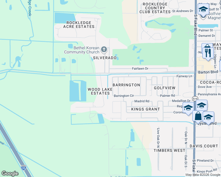 map of restaurants, bars, coffee shops, grocery stores, and more near 1745 Hidden Lake Drive in Rockledge