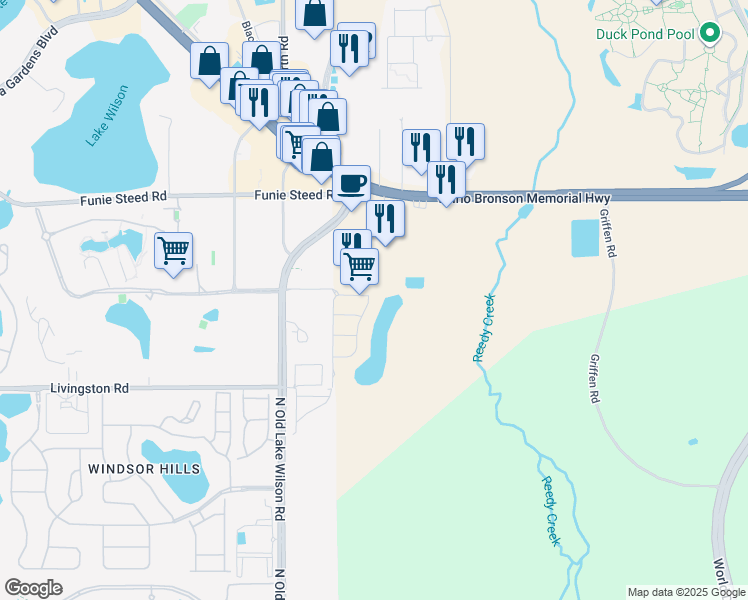 map of restaurants, bars, coffee shops, grocery stores, and more near 2845 Oakwater Drive in Kissimmee