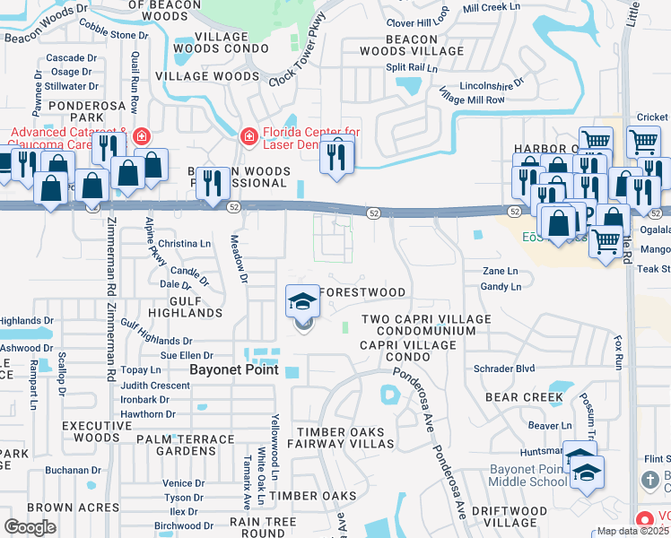 map of restaurants, bars, coffee shops, grocery stores, and more near 11756 Spring Tree Lane in Port Richey