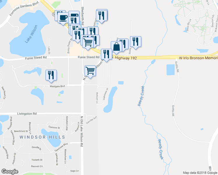 map of restaurants, bars, coffee shops, grocery stores, and more near 2845 Oakwater Drive in Kissimmee