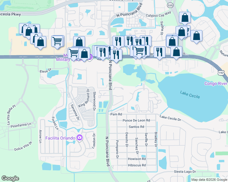 map of restaurants, bars, coffee shops, grocery stores, and more near 2777 North Poinciana Boulevard in Kissimmee