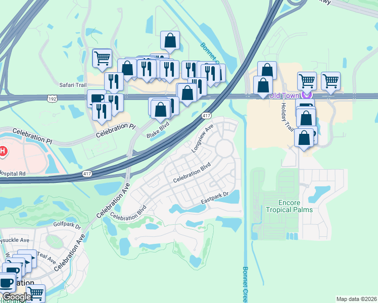map of restaurants, bars, coffee shops, grocery stores, and more near 211 Longview Avenue in Celebration