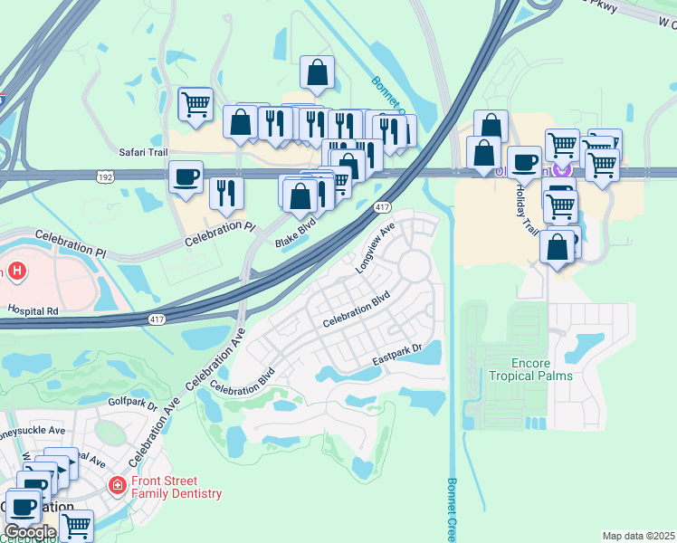 map of restaurants, bars, coffee shops, grocery stores, and more near 211 Longview Avenue in Celebration