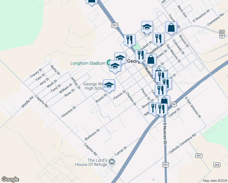 map of restaurants, bars, coffee shops, grocery stores, and more near 1005 Bowie Street in George West