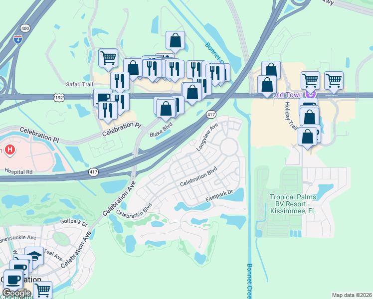map of restaurants, bars, coffee shops, grocery stores, and more near 211 Longview Avenue in Celebration