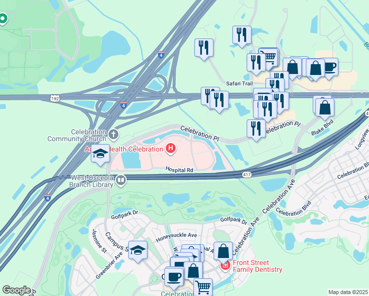 map of restaurants, bars, coffee shops, grocery stores, and more near 350 Celebration Place in Kissimmee