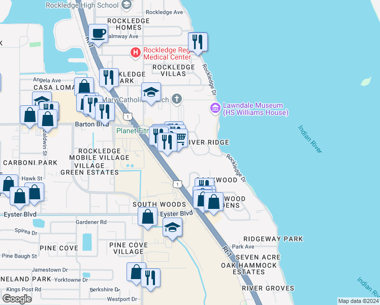 map of restaurants, bars, coffee shops, grocery stores, and more near 23 River Ridge Drive in Rockledge