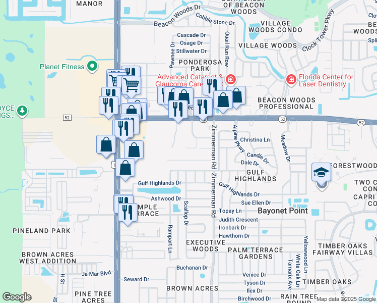 map of restaurants, bars, coffee shops, grocery stores, and more near 7334 Jennifer Street in Port Richey
