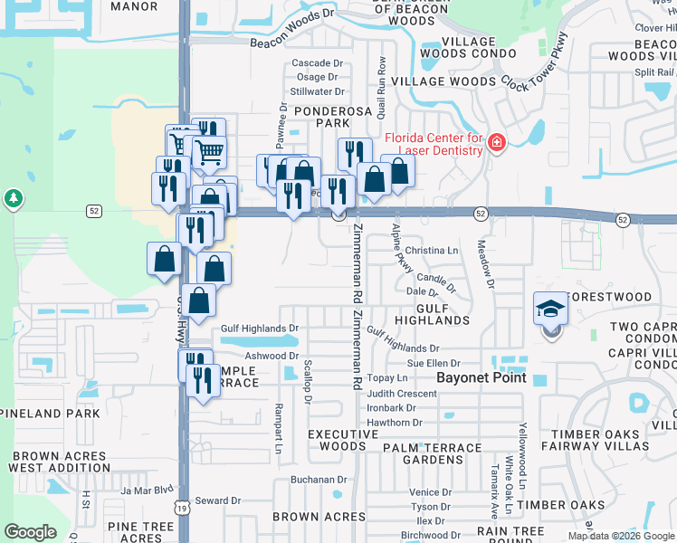 map of restaurants, bars, coffee shops, grocery stores, and more near 7416 Jennifer Street in Port Richey