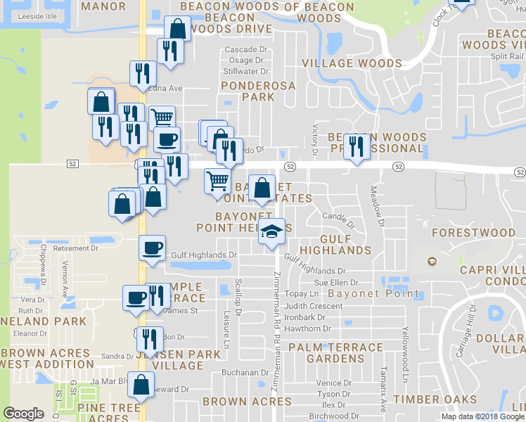 map of restaurants, bars, coffee shops, grocery stores, and more near 7416 Jennifer Street in Port Richey