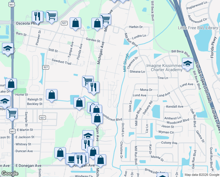 map of restaurants, bars, coffee shops, grocery stores, and more near 2774 Wells Court in Kissimmee