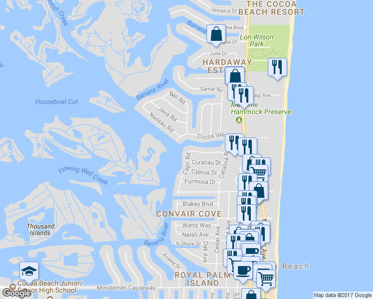 map of restaurants, bars, coffee shops, grocery stores, and more near 553 Capri Road in Cocoa Beach