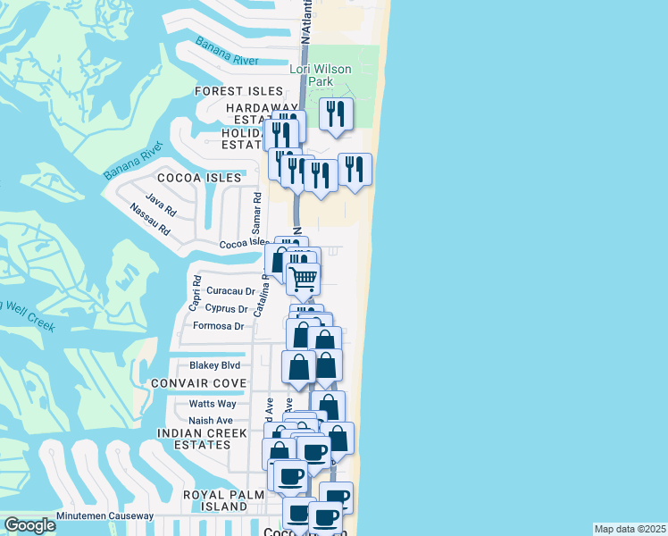 map of restaurants, bars, coffee shops, grocery stores, and more near 750 North Atlantic Avenue in Cocoa Beach