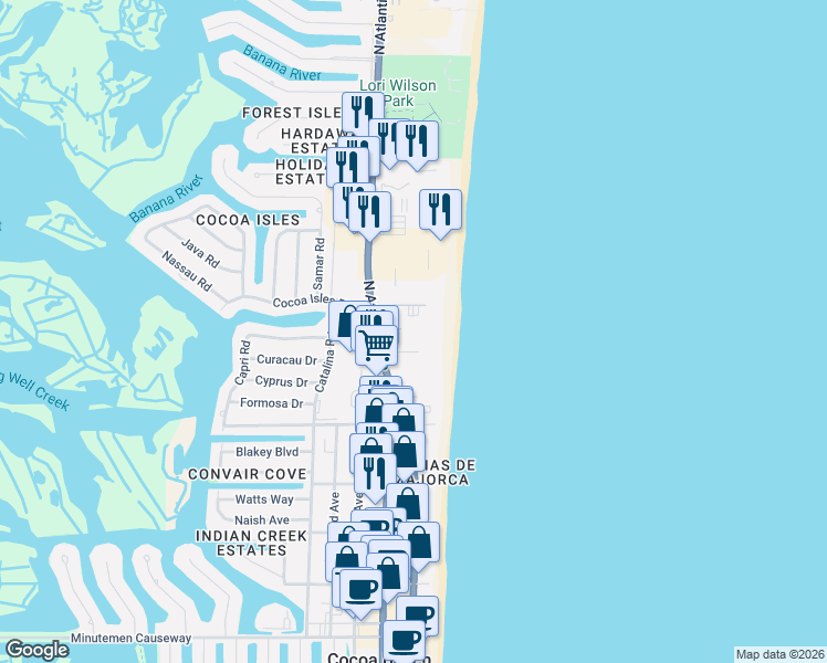 map of restaurants, bars, coffee shops, grocery stores, and more near 750 North Atlantic Avenue in Cocoa Beach