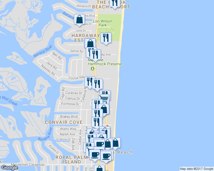 map of restaurants, bars, coffee shops, grocery stores, and more near 750 North Atlantic Avenue in Cocoa Beach