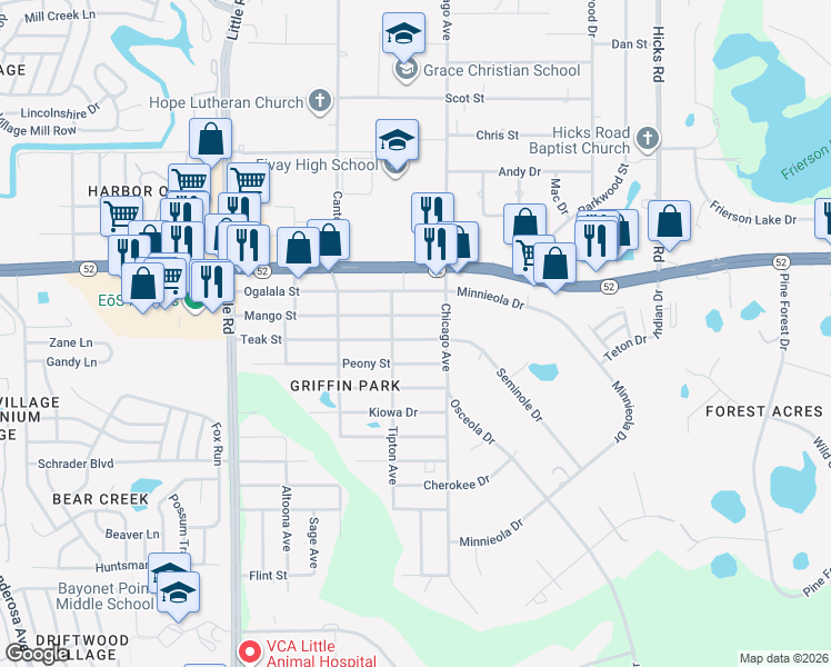 map of restaurants, bars, coffee shops, grocery stores, and more near 9415 Teak Street in New Port Richey