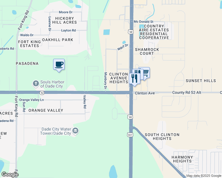 map of restaurants, bars, coffee shops, grocery stores, and more near 11745 Munbury Drive in Dade City