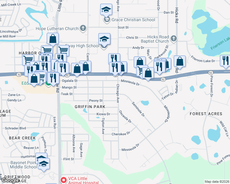 map of restaurants, bars, coffee shops, grocery stores, and more near 9415 Teak Street in New Port Richey