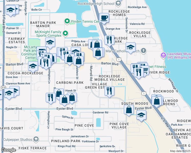 map of restaurants, bars, coffee shops, grocery stores, and more near 1148 Bailey Court in Rockledge