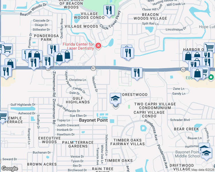 map of restaurants, bars, coffee shops, grocery stores, and more near 11810 Paige Drive in Port Richey