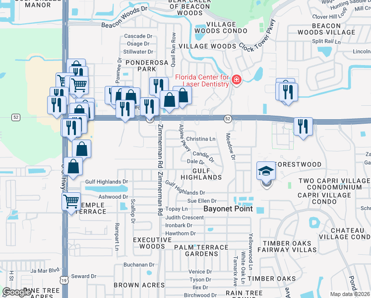 map of restaurants, bars, coffee shops, grocery stores, and more near 11823 Alpine Parkway in Port Richey