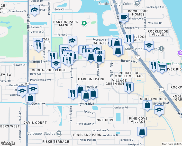 map of restaurants, bars, coffee shops, grocery stores, and more near 414 Dove Ave in Rockledge