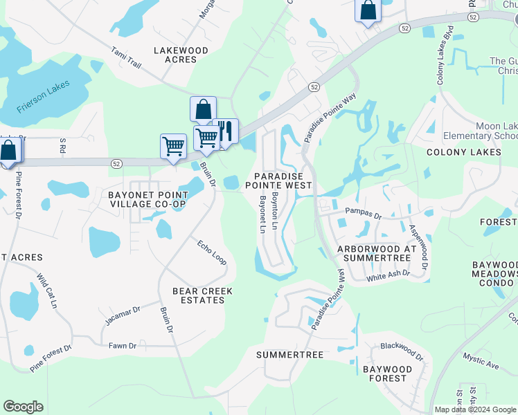map of restaurants, bars, coffee shops, grocery stores, and more near 11815 Bayonet Lane in New Port Richey