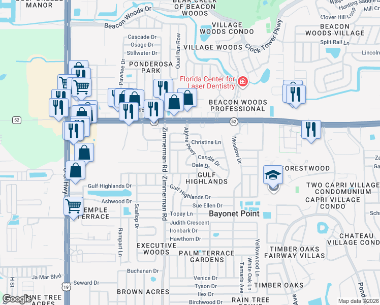 map of restaurants, bars, coffee shops, grocery stores, and more near 11823 Alpine Parkway in Port Richey