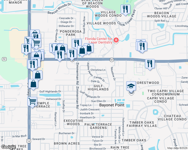 map of restaurants, bars, coffee shops, grocery stores, and more near 11808 Bingham Drive in Port Richey