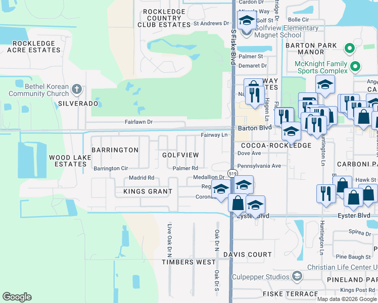 map of restaurants, bars, coffee shops, grocery stores, and more near 1718 Jordan Drive in Rockledge