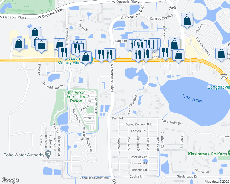 map of restaurants, bars, coffee shops, grocery stores, and more near 2791 North Poinciana Boulevard in Kissimmee