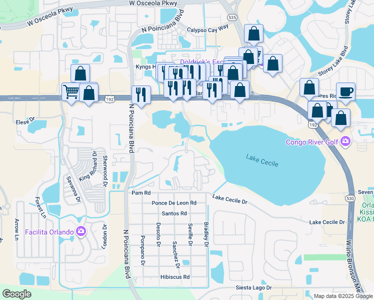 map of restaurants, bars, coffee shops, grocery stores, and more near 5001 Avenue of the Stars in Kissimmee