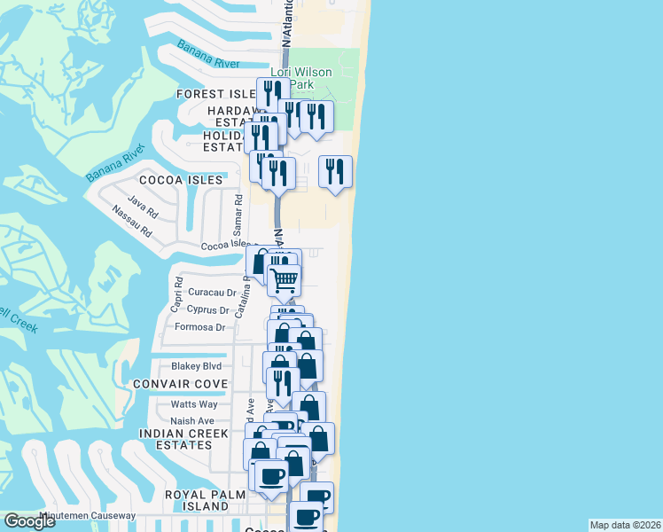 map of restaurants, bars, coffee shops, grocery stores, and more near 750 North Atlantic Avenue in Cocoa Beach