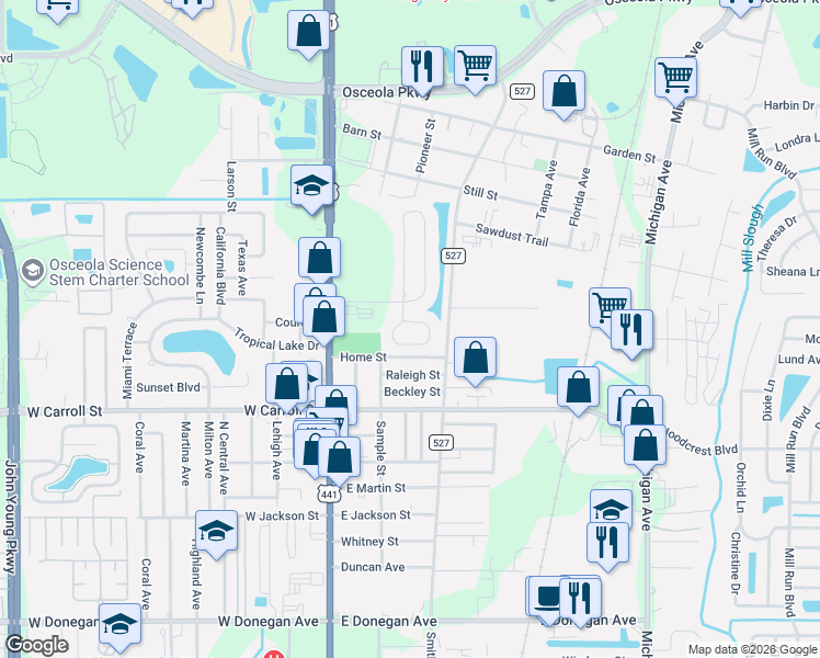 map of restaurants, bars, coffee shops, grocery stores, and more near 2749 Woodland Creek Loop in Kissimmee