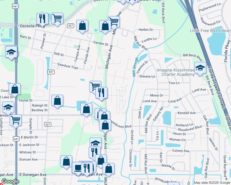map of restaurants, bars, coffee shops, grocery stores, and more near 2774 Wells Court in Kissimmee